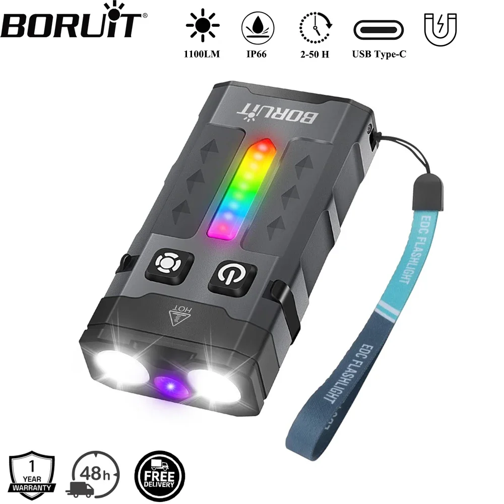 Keychain Flashlight - BORUiT EV20 1100LM EDC UV Keychain